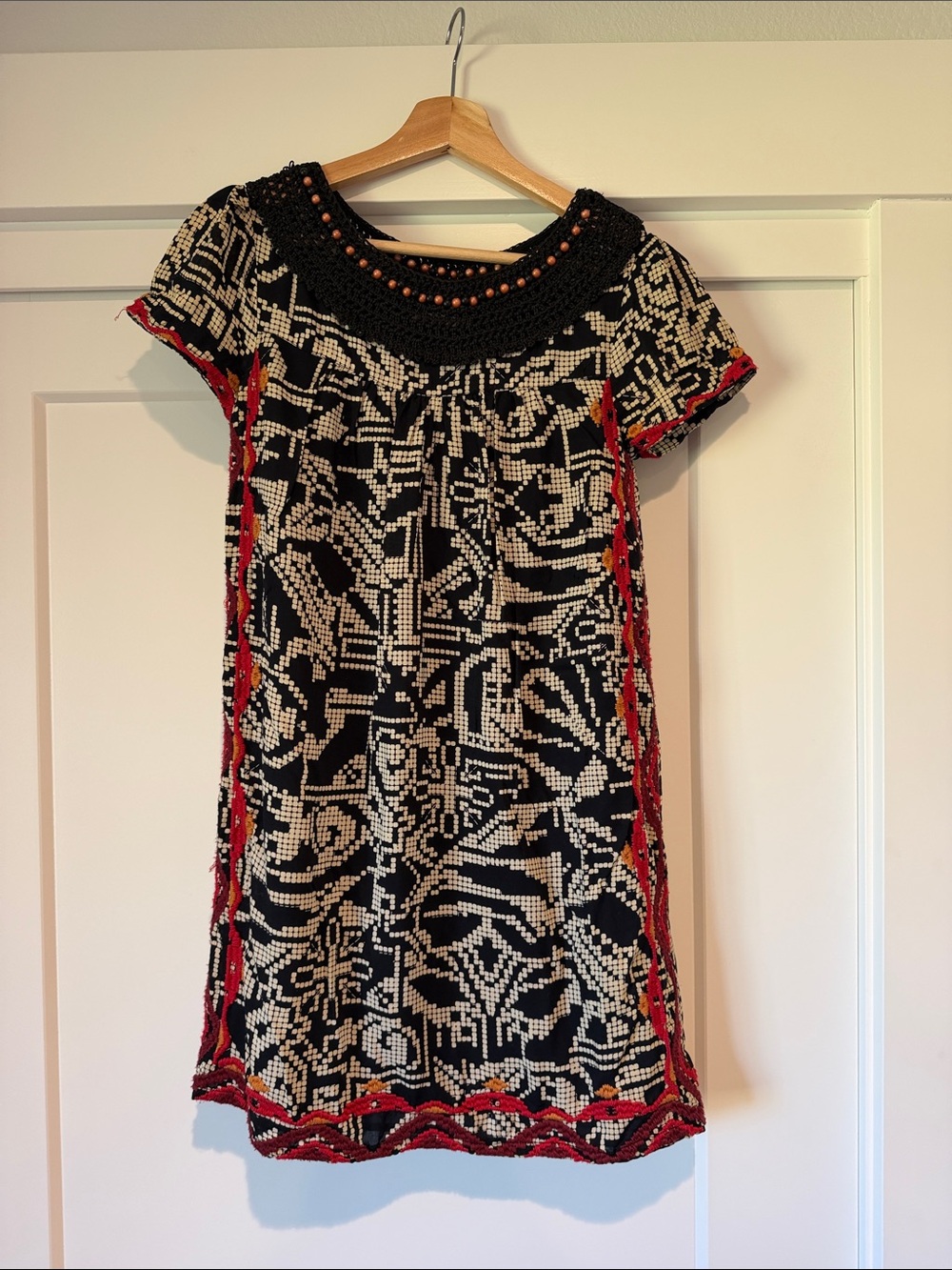 Floreat Black, Cream & Red Patterned Short Sleeve Mini Dress